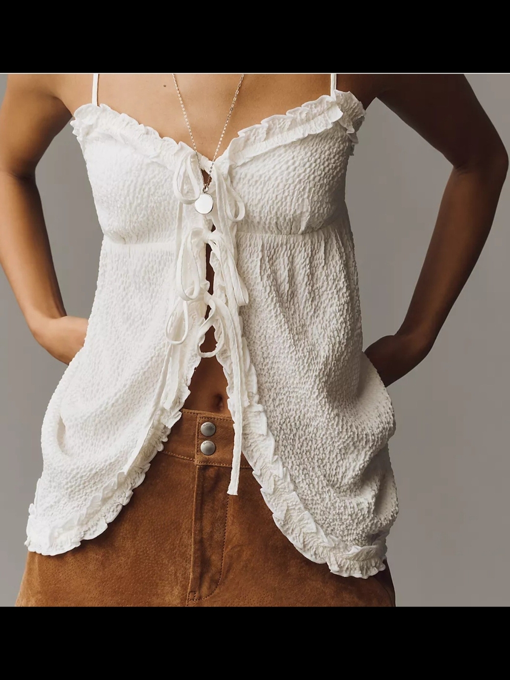 Maeve White Ruffle Tie-Front Textured Cami